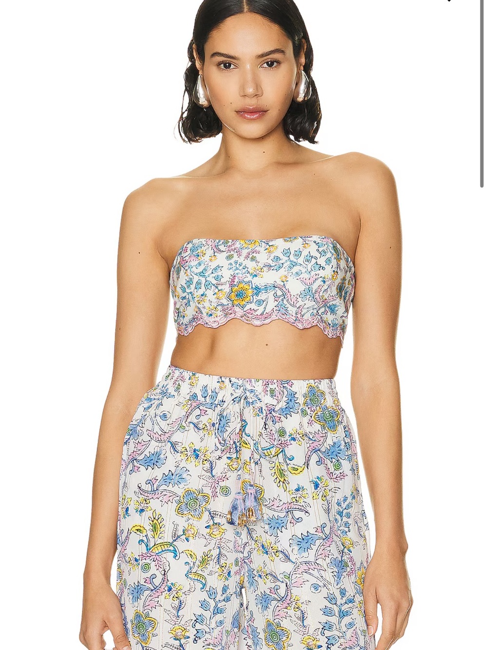 HEMANT & NANDITA White Floral Strapless Crop Top with Blue and Yellow Print L
